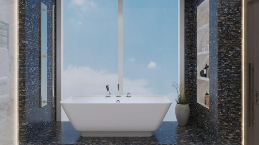 Salle de bains moderne avec baignoire autoportante blanche, entourée de carreaux de mosaïque bleu foncé, à côté d&#039;une grande fenêtre offrant une vue dégagée sur le ciel, et une étagère murale avec articles de toilette dans une élégante villa