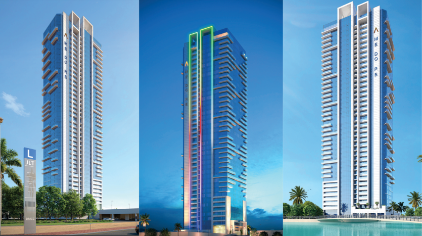 Trois perspectives d&#039;un gratte-ciel moderne à Dubaï à différents moments : vue de jour montrant son design élégant, vue de nuit avec des accents d&#039;éclairage au néon et une autre vue de jour sous un angle opposé près d&#039;un plan d&#039;eau réfléchissant