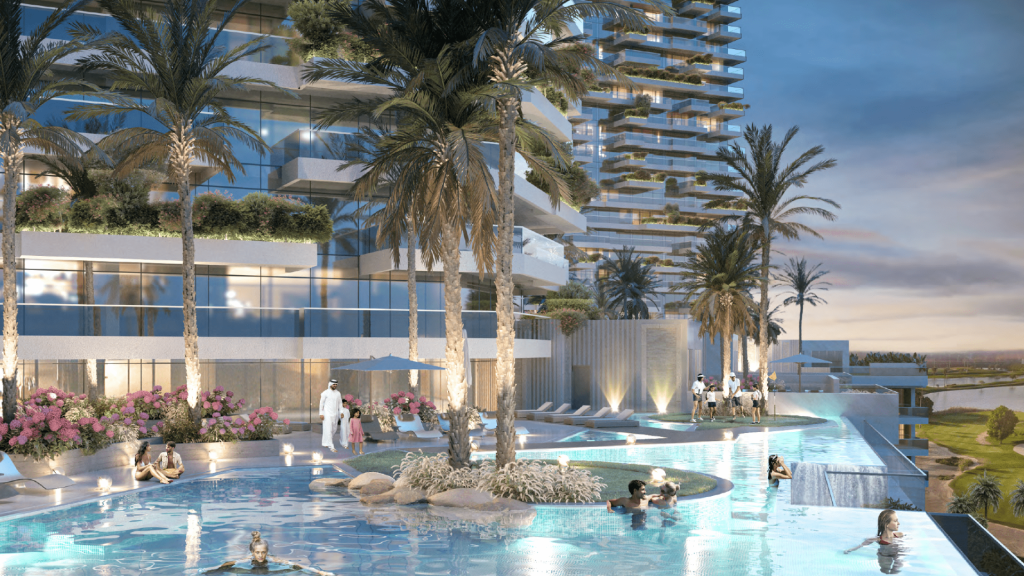 Illustration of a luxurious pool at dusk in a Dubai apartment complex, surrounded by modern high-rise buildings adorned with greenery and palm trees, with people enjoying the water and relaxing by the pool.