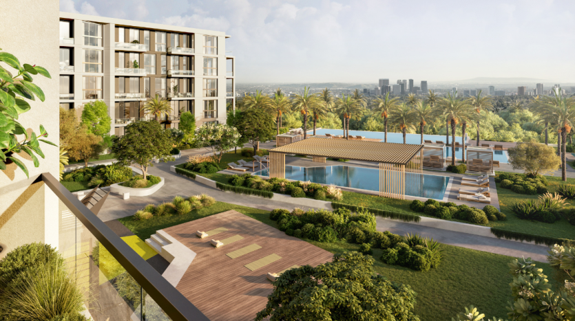 Un complexe de villas moderne avec une grande piscine, des espaces de détente et une verdure luxuriante, surplombant les toits de la ville de Dubaï.
