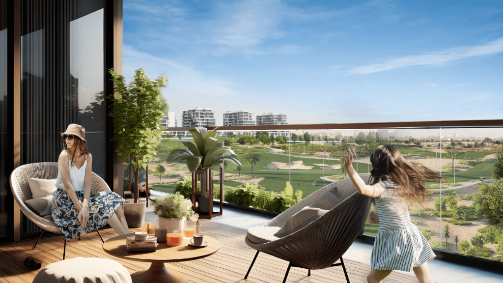 Two women enjoying a sunny day on the modern roof terrace of an elegantly furnished Dubai villa overlooking a golf course. One is seated, the other happily stretches out her arms.