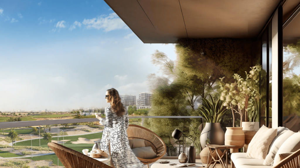 A woman enjoys a serene view of her balcony overlooking a lush golf course from her modern apartment in Dubai, surrounded by elegant furniture and decorative plants.