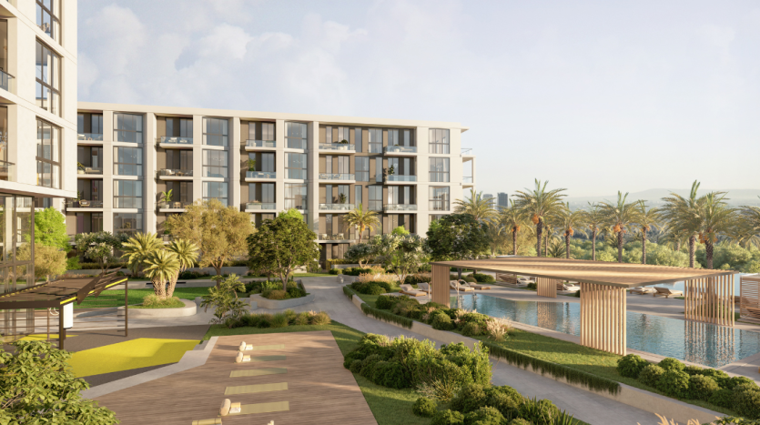 Luxueux complexe d&#039;appartements à Dubaï au design moderne, entouré de jardins luxuriants et d&#039;une grande piscine. Comprend des passerelles, des palmiers et de nombreux coins salons extérieurs sous un ciel dégagé.