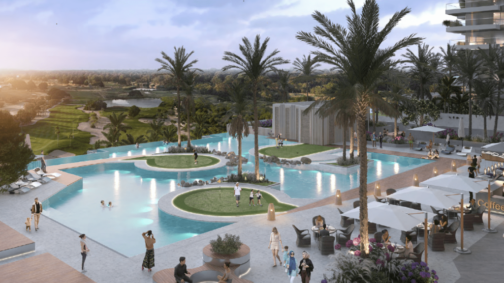 Luxurious resort setting with several pools surrounded by palm trees, sun loungers and people enjoying the sunny day. Modern architecture and lush landscaping enhance the tranquil ambience of this Dubai villa.