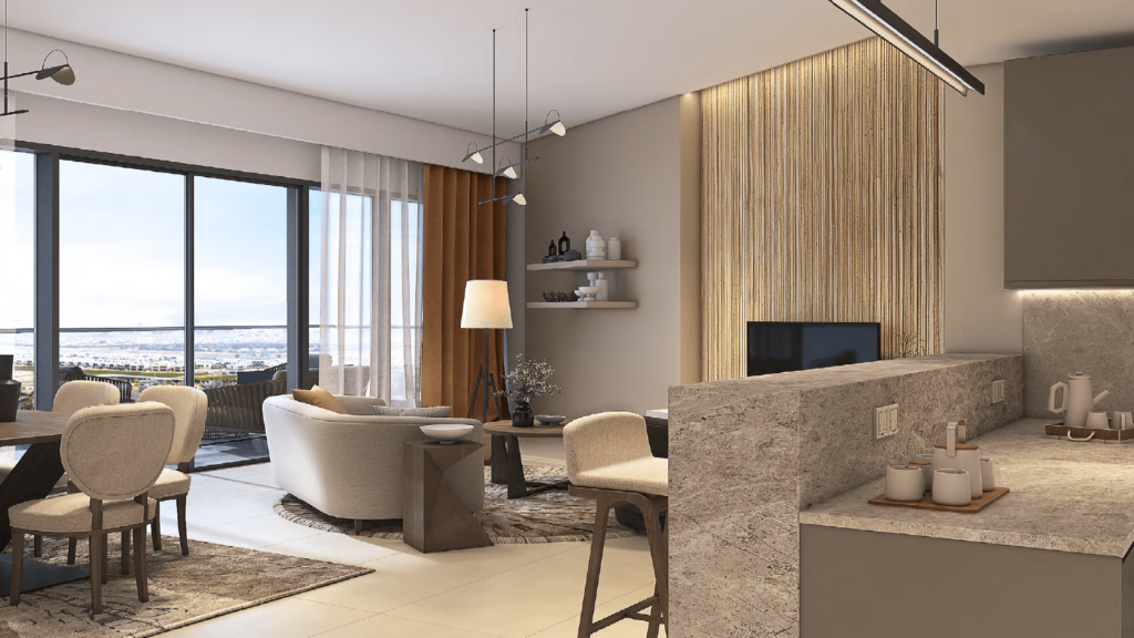 Modern apartment interior featuring an open-plan layout with kitchenette and living room. The large windows provide ample light, highlighting the elegant furnishings and decorative elements, making it ideal for investing in Dubai.