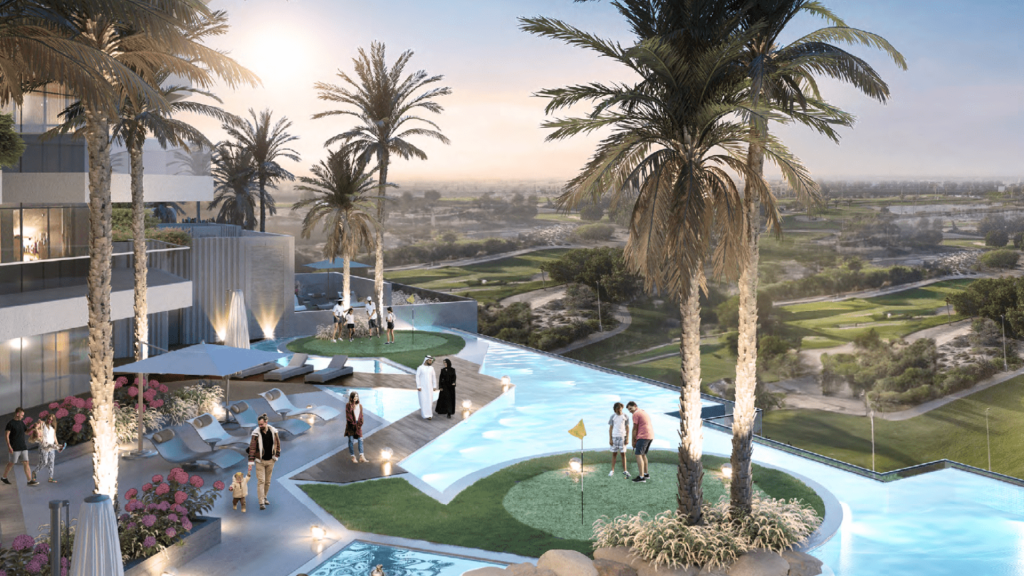 Luxurious complex with infinity pool overlooking a lush golf course. People mingle and enjoy the serene setting amid palm trees and modern architecture under a clear Dubai sky.