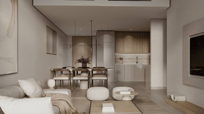 Salon moderne et minimaliste dans un appartement de Dubaï aux tons neutres, comprenant un coin salon confortable, une table à manger, des armoires de cuisine en bois et des suspensions élégantes.