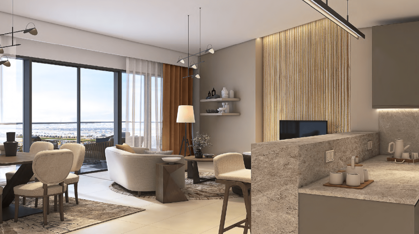 Salon d'appartement moderne se fondant dans un coin cuisine à Dubaï, avec des meubles élégants, de grandes fenêtres offrant une vue sur la ville et un éclairage intérieur élégant.