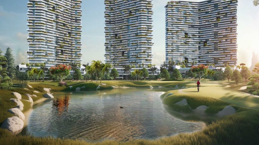 Un paysage urbain futuriste composé de bâtiments à plusieurs niveaux décalés entourés d'une verdure luxuriante et d'un parcours de golf avec un étang, sous un ciel dégagé, idéal pour investir à Dubaï.