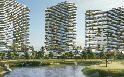 Rendu architectural d'immeubles futuristes de grande hauteur avec des balcons décalés entourés d'une verdure luxuriante et d'un parcours de golf à Dubaï, avec un joueur au premier plan.