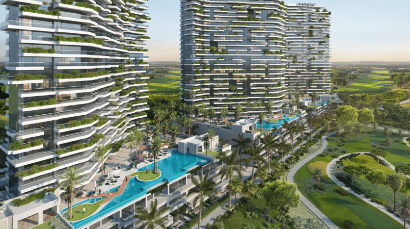 Un rendu architectural d'immeubles futuristes de grande hauteur avec des balcons verts donnant sur les piscines et les jardins paysagers de Dubaï. L'environnement est lumineux et luxuriant, harmonisant la nature avec la vie moderne.