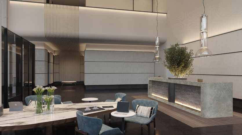 Hall de bureau moderne avec de luxueux fauteuils bleus, des tables rondes blanches, un bureau de réception élégant, d&#039;élégantes suspensions et des plantes, conçu avec une esthétique élégante et contemporaine dans une villa haut de gamme de Dubaï.