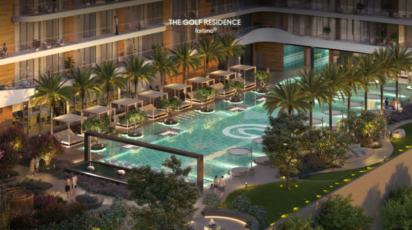 Un rendu illustré d&#039;un complexe résidentiel luxueux à Dubaï au crépuscule, comprenant une grande piscine entourée de chaises longues et un bâtiment moderne avec des balcons donnant sur la piscine.