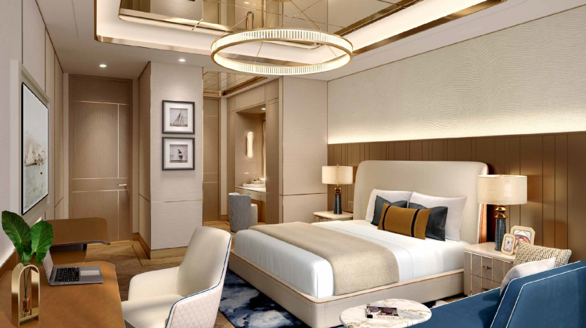 Intérieur de chambre moderne et luxueux dans une villa de Dubaï avec un grand lit, une suspension élégante, une décoration blanche et beige, un mobilier élégant et des œuvres d&#039;art encadrées.
