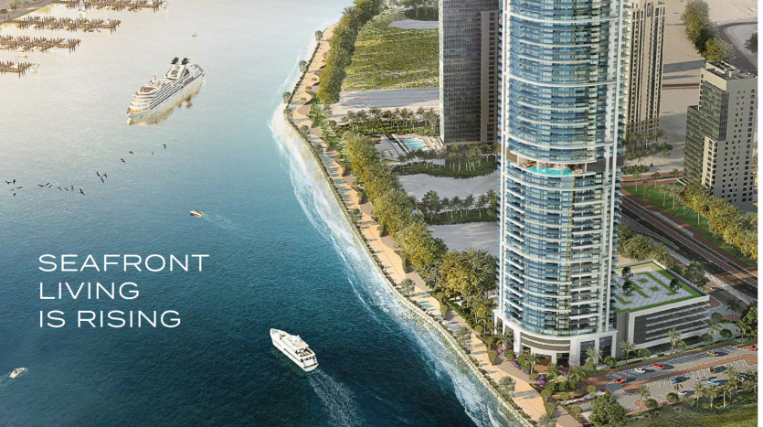 Vue aérienne d&#039;un paysage urbain côtier avec un grand bâtiment en verre au bord du rivage, le texte « investissement Dubaï est en hausse » superposé, comprenant des yachts et un bateau de croisière dans l&#039;océan.