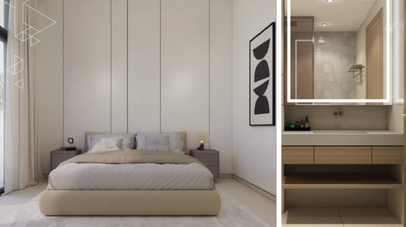Image divisée présentant une chambre moderne avec un grand lit et une décoration minimaliste à gauche, et une salle de bain élégante et bien éclairée avec une vasque et une douche dans un appartement de Dubaï à droite.