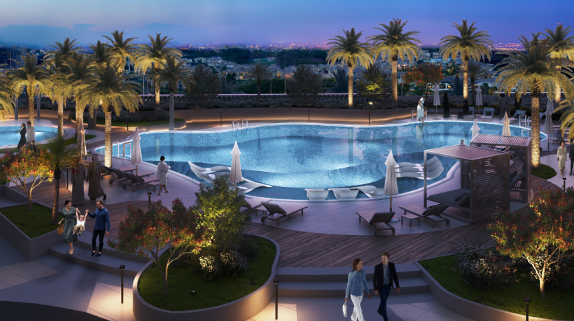 Une piscine luxueuse sur le toit d&#039;une villa à Dubaï, entourée de palmiers et de chaises longues la nuit, avec des gens en train de socialiser et une ligne d&#039;horizon de la ville en arrière-plan.