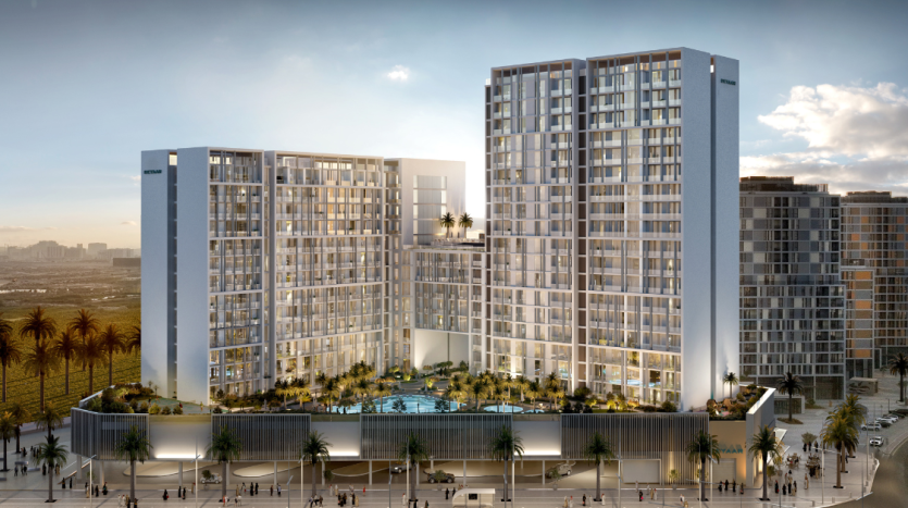 Un rendu numérique d&#039;un complexe d&#039;appartements moderne et luxueux à Dubaï avec des tours de verre, une piscine sur le toit et une scène de rue animée au coucher du soleil.