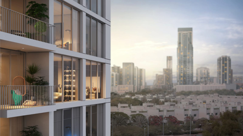 Image divisée montrant des scènes urbaines contrastées : à gauche, un appartement moderne de grande hauteur à Dubaï avec un balcon détaillé au crépuscule ; à droite, une vue d&#039;un quartier résidentiel peu élevé au coucher du soleil.