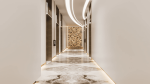 Ein moderner, eleganter Hotelflur mit Marmorboden und stilvollen Wandakzenten, die von einer eleganten, gebogenen LED-Deckenbeleuchtung erhellt werden, schafft eine luxuriöse Atmosphäre in diesem erstklassigen Immobilienobjekt in Dubai.