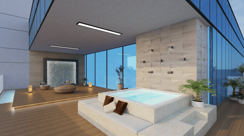 Baignoire spa intérieure moderne dans un luxueux appartement de Dubaï, présentant un design minimaliste avec une baignoire rectangulaire, de grandes fenêtres offrant une vue imprenable, du parquet, des murs en pierre et des plantes décoratives.