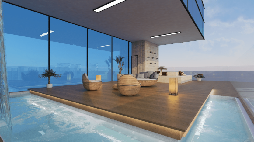 Toit-terrasse moderne dans une villa de Dubaï avec piscine à débordement, mobilier élégant et grandes fenêtres donnant sur la mer. L&#039;espace est agrémenté de plantes en pot et de paniers tressés.