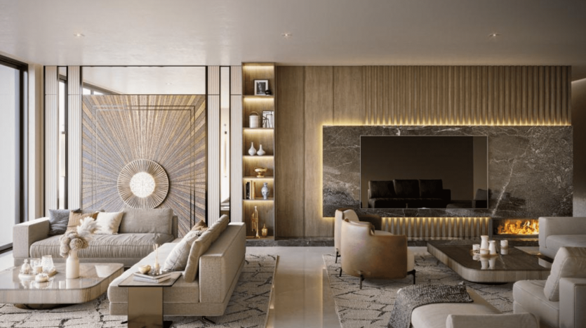 Un salon luxueux dans une villa de Dubaï au design contemporain avec une grande cheminée, un mobilier moderne aux tons neutres, un éclairage d&#039;accentuation et un paravent décoratif près de la fenêtre.