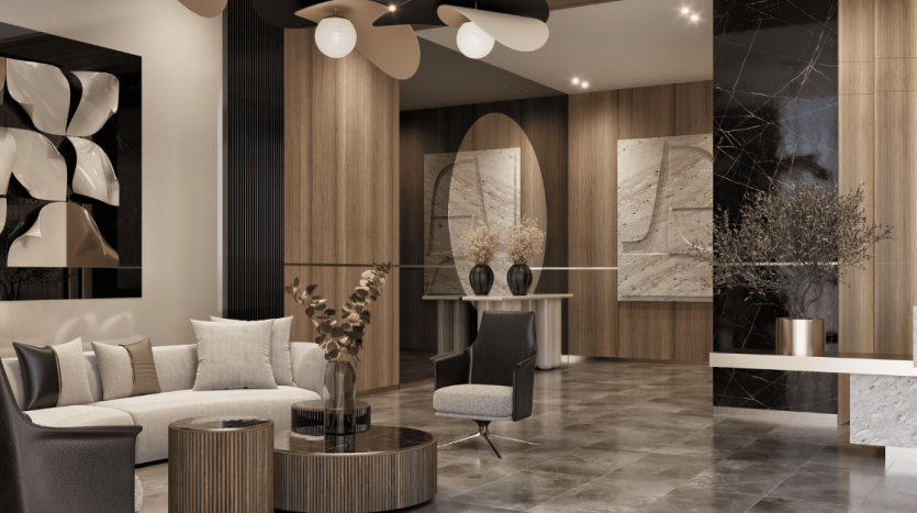 Intérieur de salon de villa de luxe moderne à Dubaï avec des tons neutres, des murs en marbre, des meubles élégants comprenant un canapé et un fauteuil, des accents en bois et des vases décoratifs avec des plantes séchées.