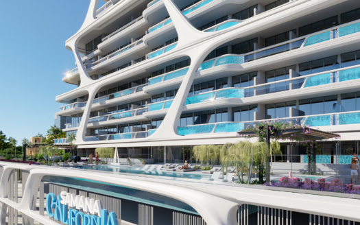 Rendu d'un immeuble d'appartements moderne et luxueux avec de vastes balcons blancs et des terrasses de piscine privées, sur un ciel bleu clair et une verdure luxuriante, idéal pour ceux qui cherchent à investir à Dubaï