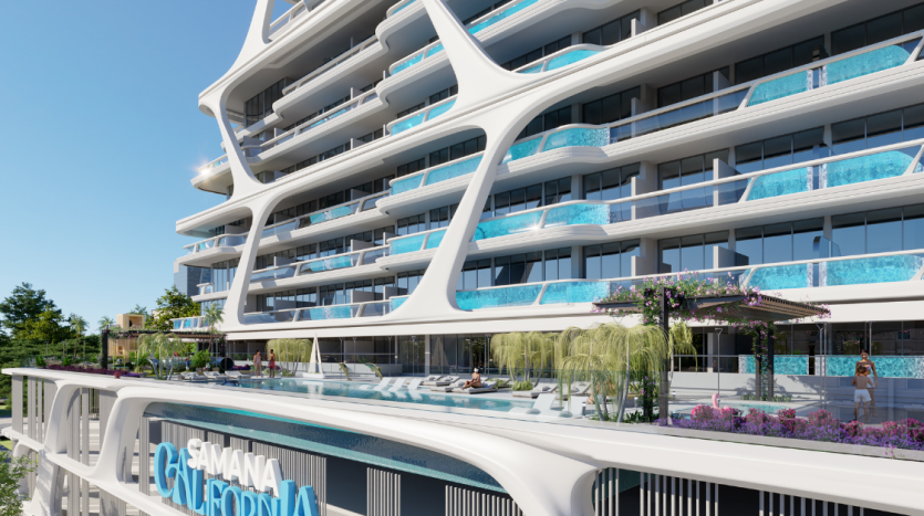 Rendu d&#039;un immeuble d&#039;appartements moderne et luxueux avec de vastes balcons blancs et des terrasses de piscine privées, sur un ciel bleu clair et une verdure luxuriante, idéal pour ceux qui cherchent à investir à Dubaï