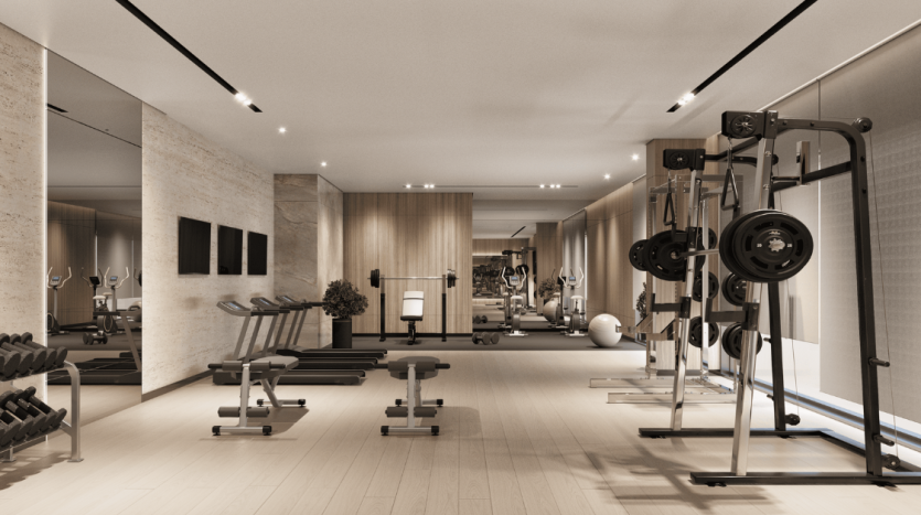 Intérieur de salle de sport moderne avec divers équipements d&#039;exercice, notamment des tapis roulants, des bancs de musculation et des supports, situé dans une pièce avec un éclairage chaleureux et du parquet dans une villa haut de gamme de Dubaï.