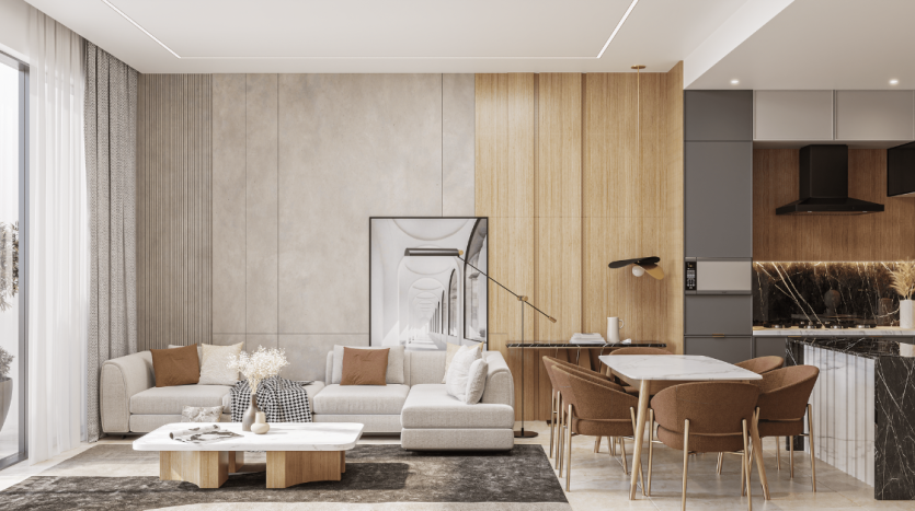 Salon moderne dans une villa de Dubaï avec un canapé sectionnel beige, une table à manger sombre avec des chaises et un coin cuisine en arrière-plan. Les tons neutres et les accents de bois créent une atmosphère chaleureuse.