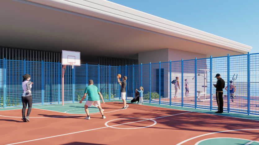 Un terrain de basket extérieur animé avec plusieurs personnes engagées dans diverses activités, notamment jouer au basket, faire du jogging et s&#039;étirer par une journée ensoleillée, à proximité d&#039;une agence immobilière de Dubaï.