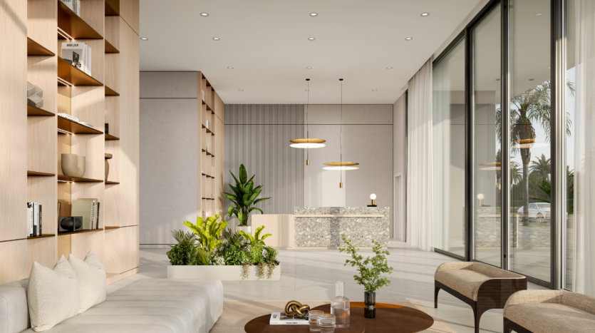 Salon moderne dans une villa de Dubaï avec lumière naturelle, avec des meubles élégants, des touches de marbre, des plantes d&#039;intérieur et une vue sur les palmiers à travers de grandes fenêtres en verre.
