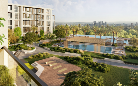 Vue depuis un balcon présentant une villa moderne à Dubaï avec une grande piscine, des chaises longues et un jardin luxuriant, le tout sur fond de toits de la ville.