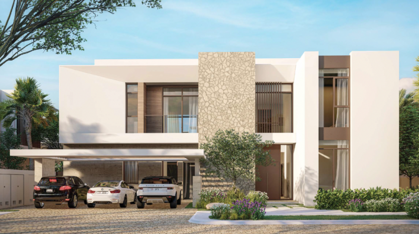 Une villa moderne de deux étages à Dubaï avec un toit plat, un revêtement en pierre, de grandes fenêtres et un abri pour trois voitures. Aménagement paysager avec de petits palmiers et de l&#039;herbe bien tondue.