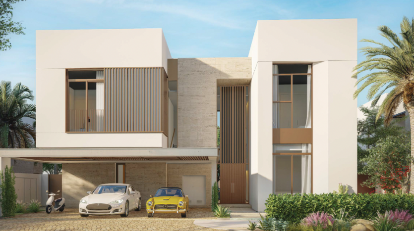 Une maison moderne à deux étages à Dubaï avec une façade en pierre, des murs blancs et des touches de bois, comprenant un garage avec une voiture blanche et une voiture de sport jaune, entourée de palmiers et d&#039;arbustes luxuriants