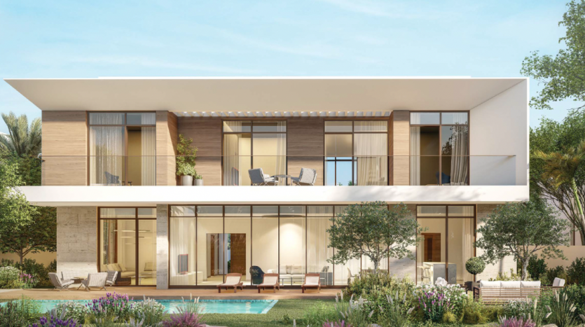 Villa moderne de deux étages à Dubaï avec de grandes fenêtres en verre, un toit plat, des accents en bois et une cour avant luxuriante avec une piscine et des plantes soigneusement paysagées.