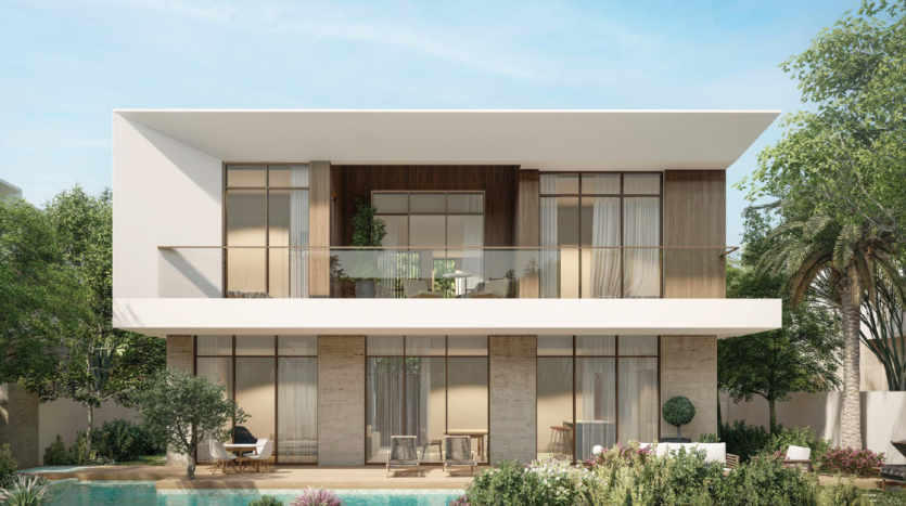 Maison moderne à deux étages avec un toit plat, de grandes portes vitrées, des boiseries et un balcon, entouré d&#039;une verdure luxuriante et d&#039;une petite piscine devant. Idéal comme propriété d&#039;investissement à Dubaï