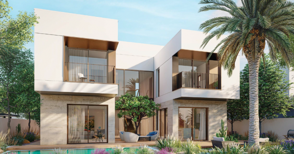 Villa moderne de deux étages à Dubaï avec un design géométrique, de grandes fenêtres et des balcons, entourés de palmiers et d&#039;une petite piscine dans un cadre ensoleillé.