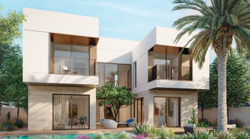 Villa moderne de deux étages à Dubaï avec un design géométrique, de grandes fenêtres et des balcons, entourés de palmiers et d&#039;une petite piscine dans un cadre ensoleillé.