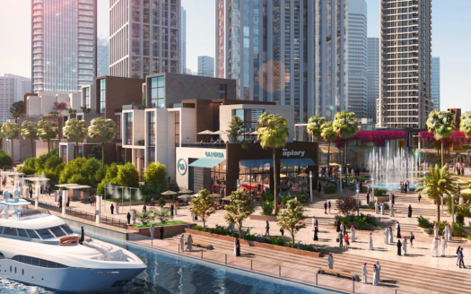Une promenade animée au bord de l'eau avec des bâtiments modernes, des boutiques et des restaurants, avec des passants et un yacht de luxe amarré à côté de la villa Dubaï.