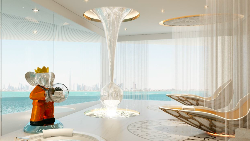 Un intérieur futuriste avec une vue panoramique sur les toits de Dubaï, avec des chaises modernes, un pilier artistique central ressemblant à une cascade d&#039;eau et une statue originale représentant un personnage ressemblant à un roi jouant de l&#039;accordéon.