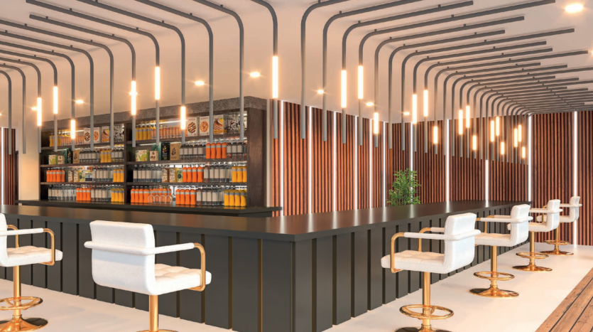 Bar moderne au design élégant, avec des accents rayés sur les colonnes et le plafond, un mur arrière bien approvisionné en boissons, un comptoir sombre et des tabourets de bar blancs : une option attrayante pour Investissement Dubaï.