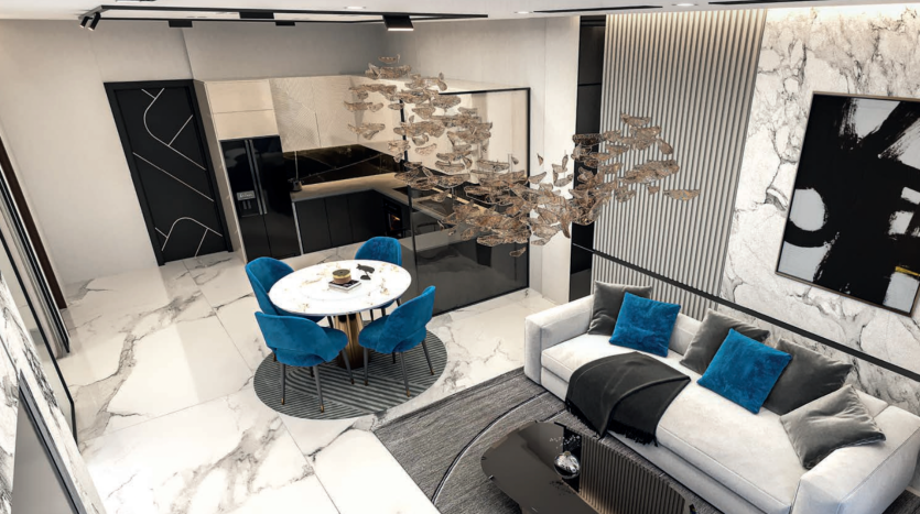 Salon moderne et luxueux dans un appartement de Dubaï avec sols en marbre, sculpture murale artistique métallique, table à manger ronde bleue et blanche avec chaises, cuisine élégante en arrière-plan et canapé confortable