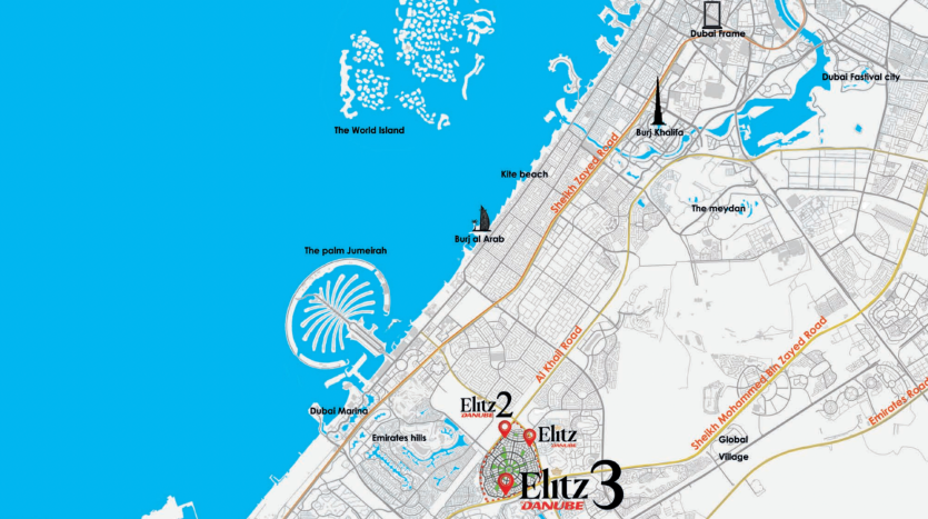 Carte de Dubaï présentant des monuments tels que les îles du monde, The Palm Jumeirah, Burj Al Arab et diverses opportunités d'investissement dans l'immobilier entouré par le littoral.