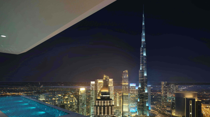 Une vue nocturne depuis un appartement surélevé de Dubaï avec une piscine sur le toit surplombant un paysage urbain, mettant en évidence le Burj Khalifa au milieu d&#039;autres gratte-ciel illuminés sous un ciel sans étoiles.