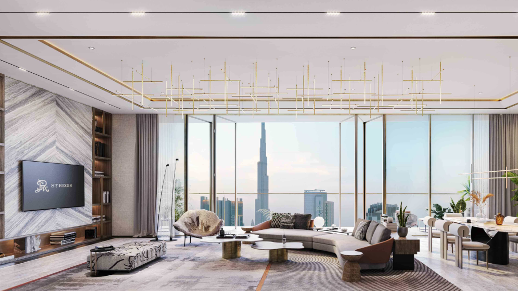 Salon luxueux dans un appartement de Dubaï avec de grandes baies vitrées offrant une vue sur les toits de la ville, un mobilier moderne, une décoration élégante et une télévision à écran plat montée sur un panneau en bois.