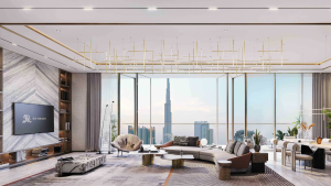 Salon luxueux dans un appartement de Dubaï avec de grandes baies vitrées offrant une vue sur les toits de la ville, un mobilier moderne, une décoration élégante et une télévision à écran plat montée sur un panneau en bois.