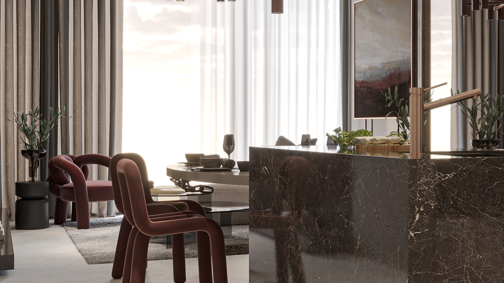 Une élégante salle à manger dans une villa de Dubaï avec une grande table circulaire, des chaises rouges et des comptoirs en marbre sombre sous une lumière naturelle douce et diffuse filtrant à travers des rideaux transparents. Il y a un grand tableau dessus